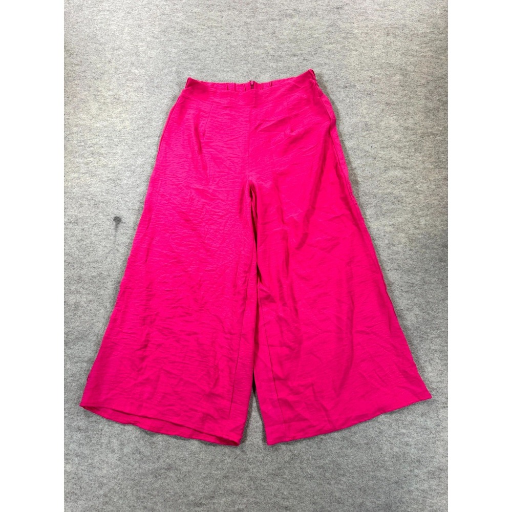 Womens Cropped Trouser Pants Medium Pink High Rise Wide Leg Back Zip Flat Front